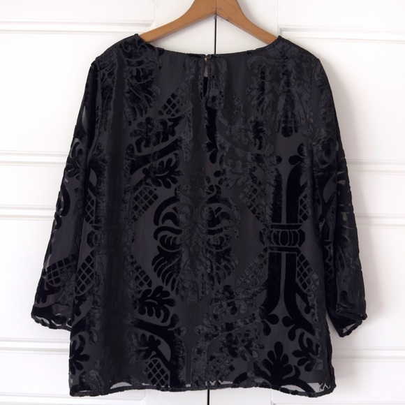 Talbots RSVP Burnout Velvet Blouse Large Black Sheer Dressy Lined Dark Romantic - Picture 5 of 11